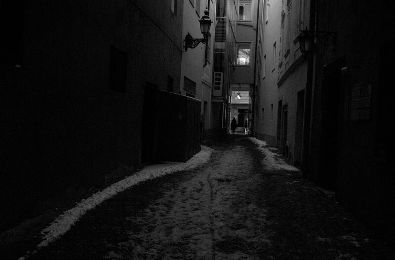 snowy alley at night