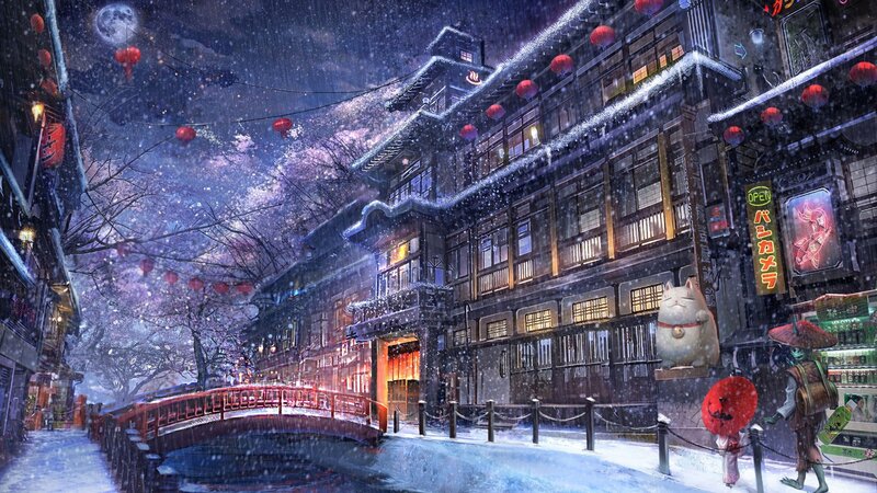 Snowy Alley with Lanterns