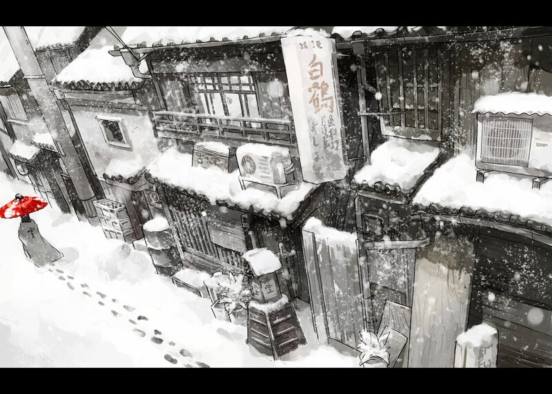 snowy alley with red umbrella