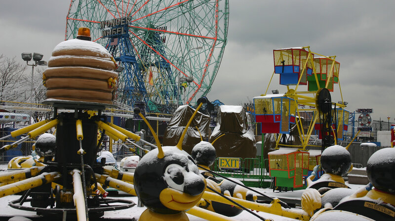 snowy amusement park rides