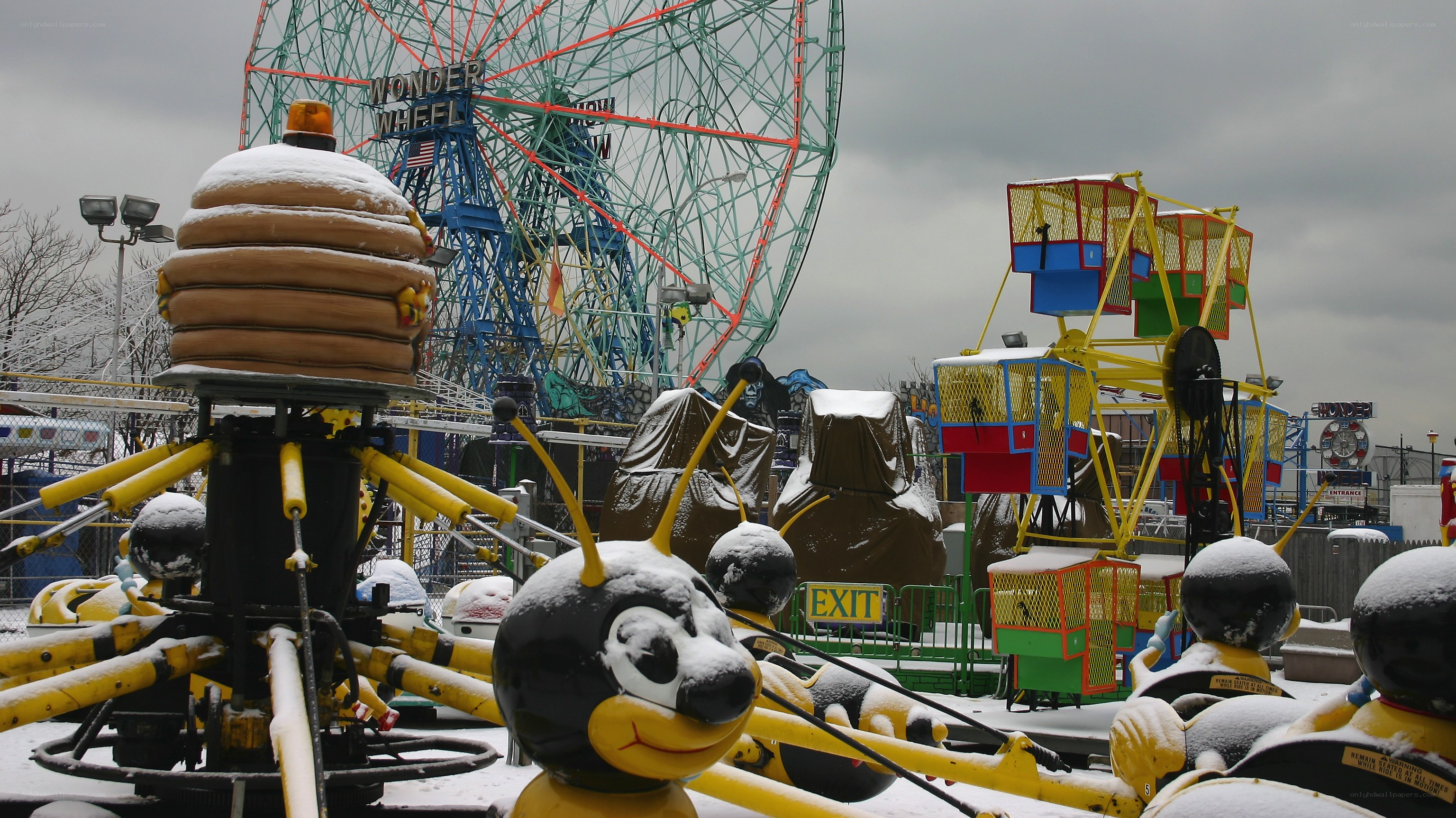 snowy amusement park rides