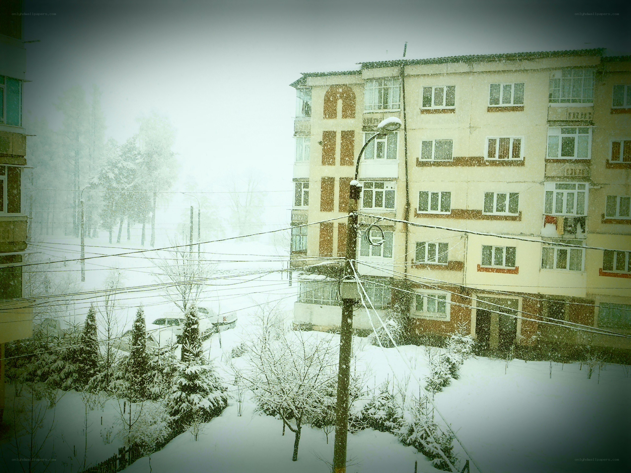 Snowy apartment buildings