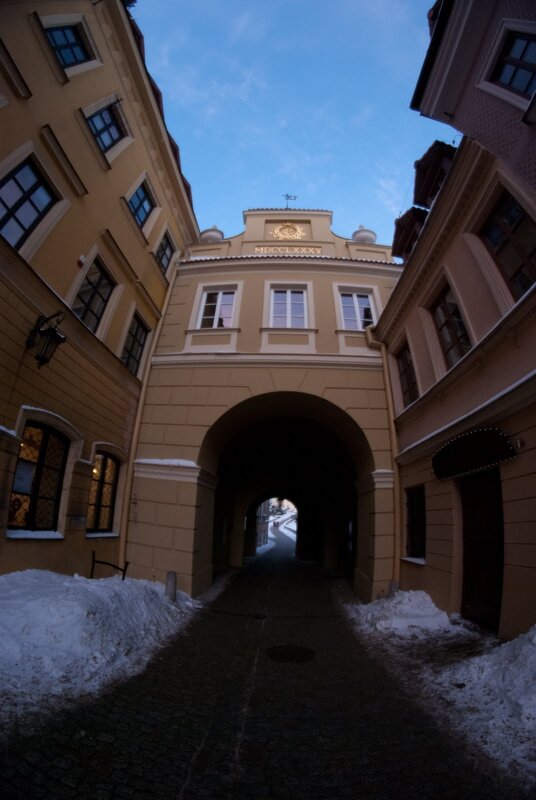 Snowy archway in old town