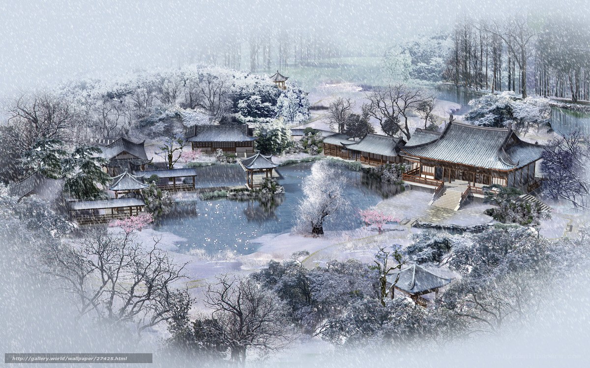 Snowy Asian garden scene