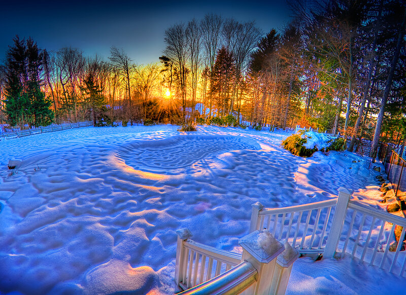 Snowy Backyard at Sunset
