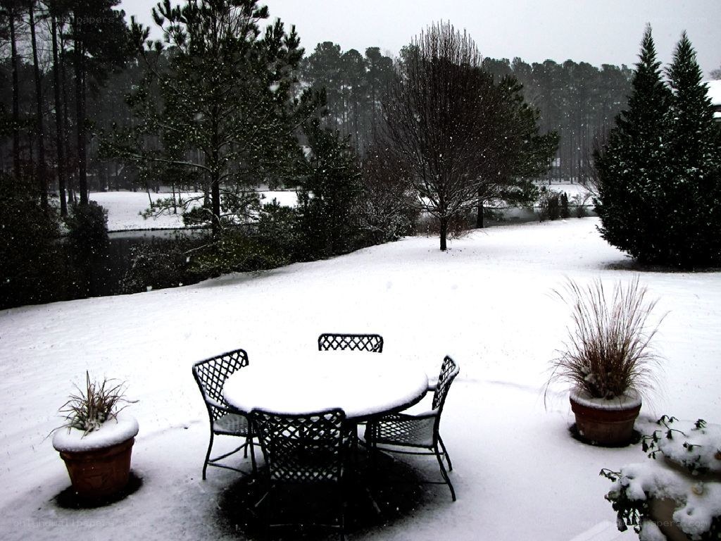 Snowy backyard patio