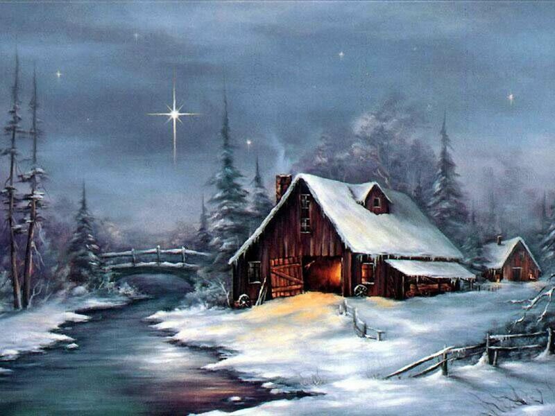 Snowy Barn at Night