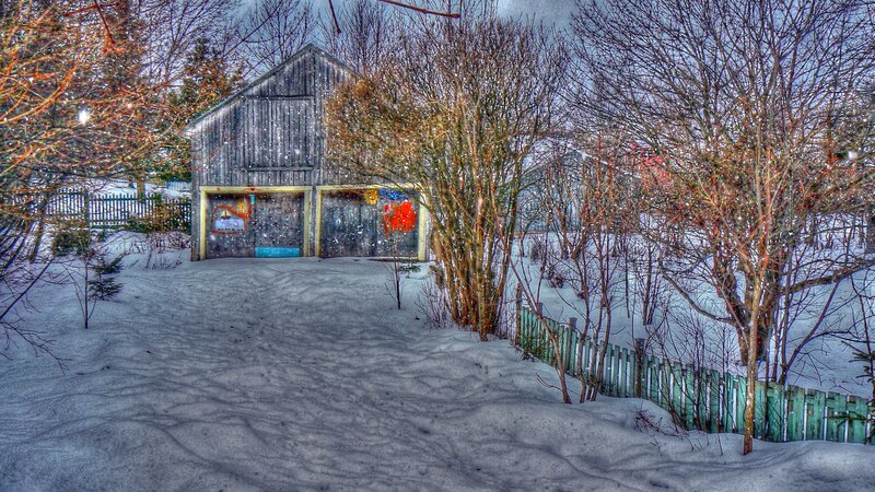 Snowy barn in winter
