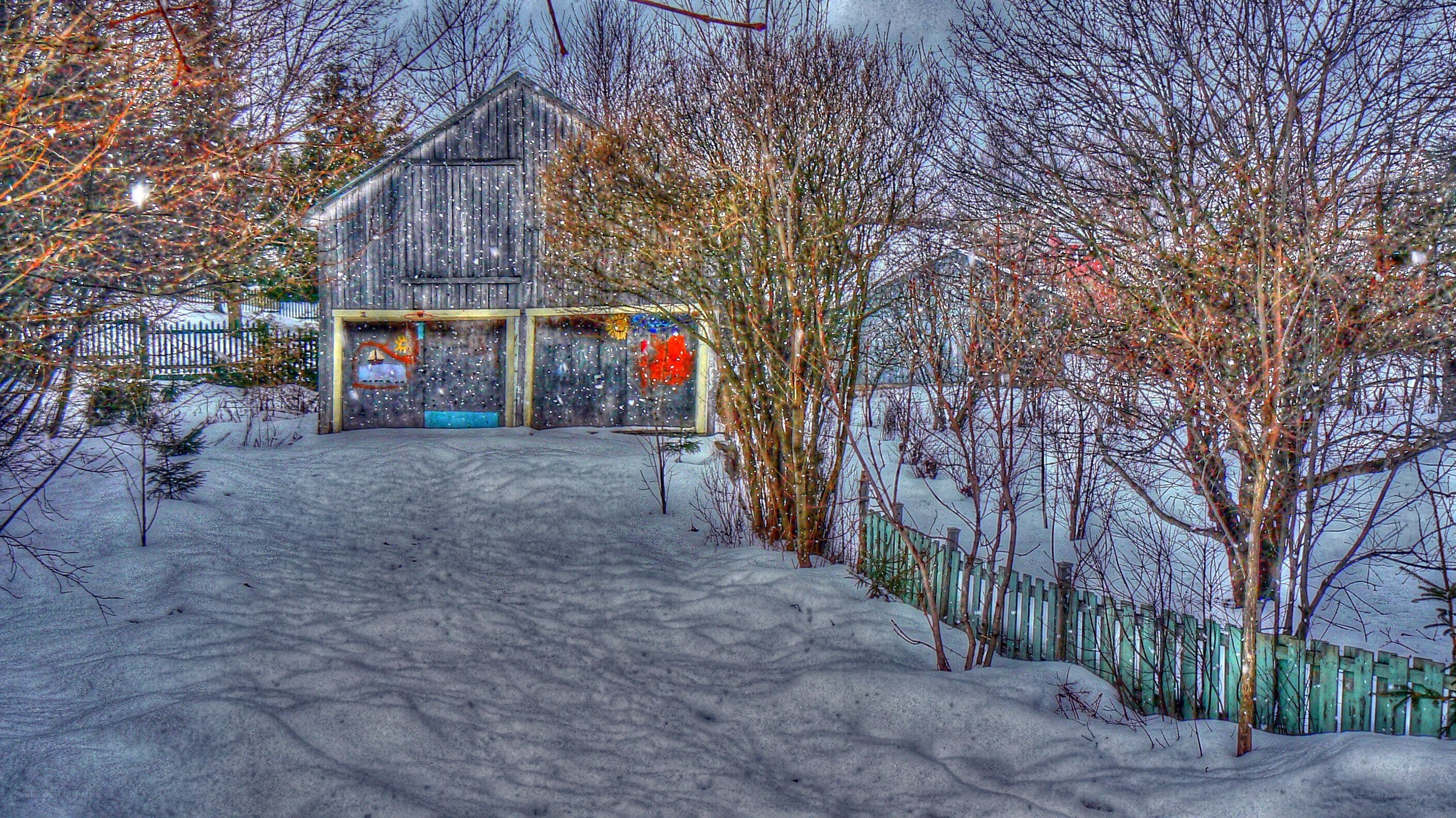 Snowy barn in winter