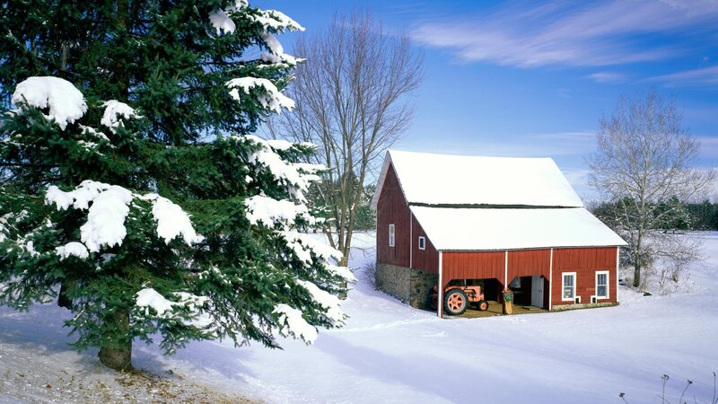 Snowy barn in winter