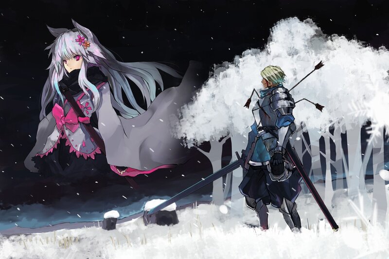 Snowy battle scene with two warriors