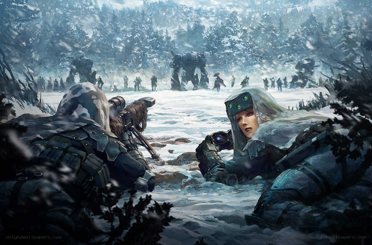 Snowy battlefield sniper scene