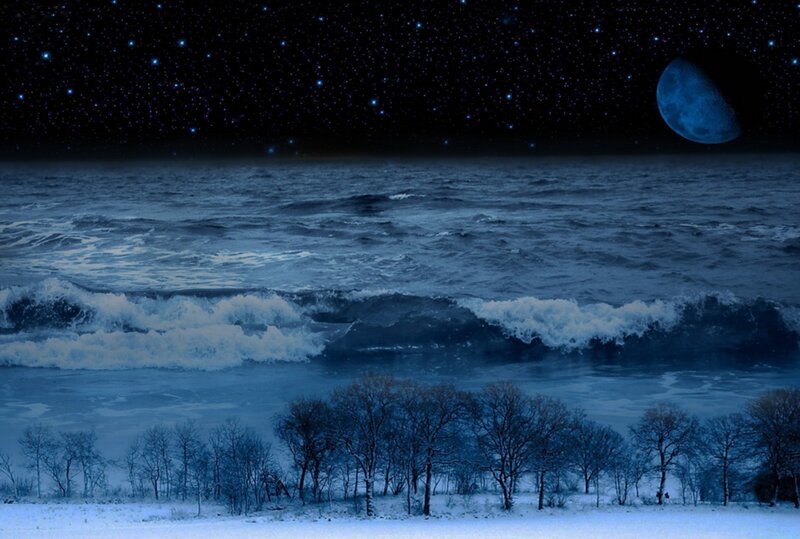 Snowy Beach at Night