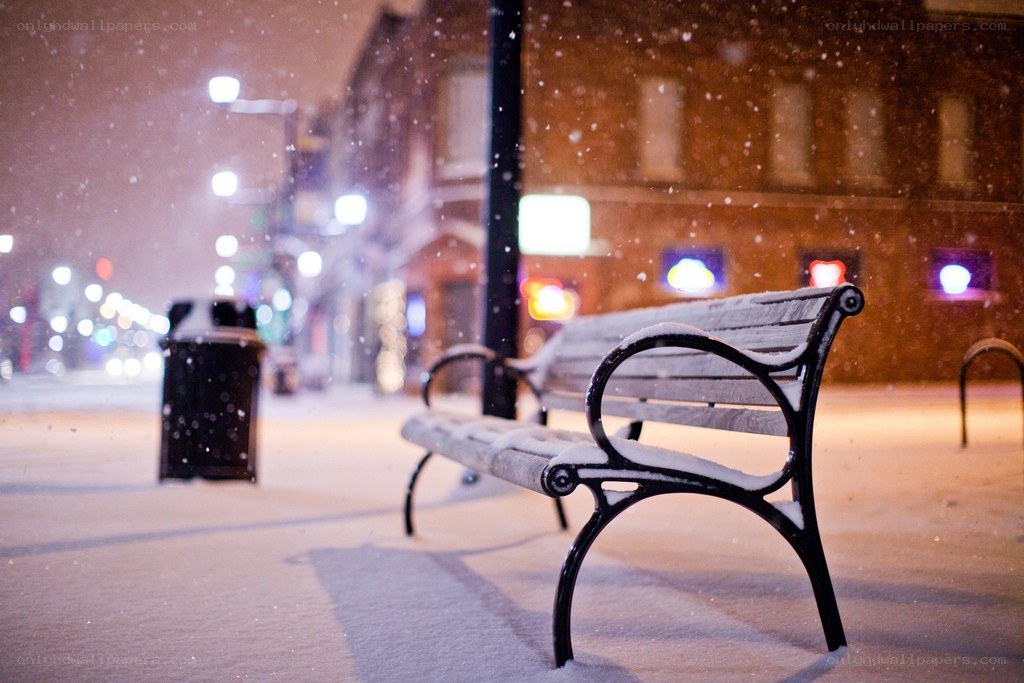 Snowy bench at night