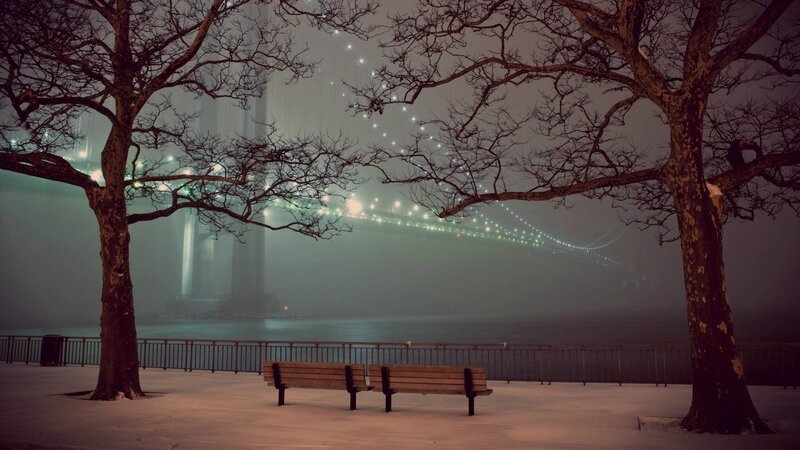 Snowy Bench by Bridge