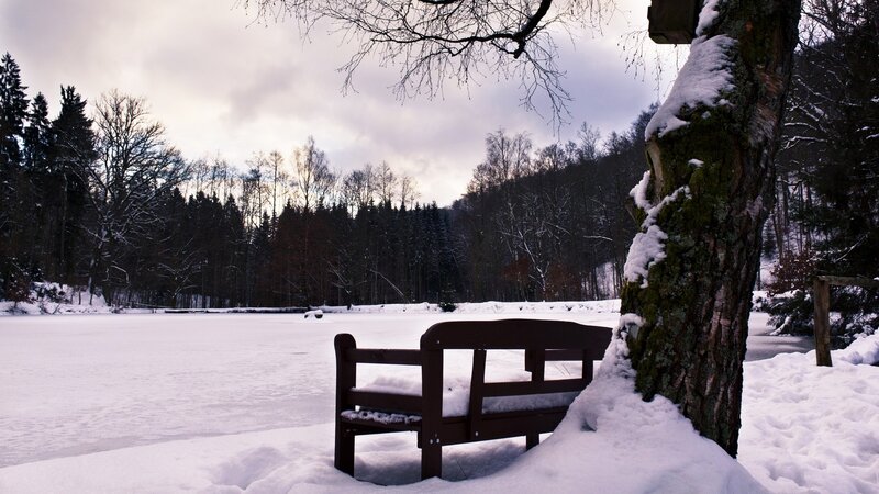 Snowy bench by frozen lake