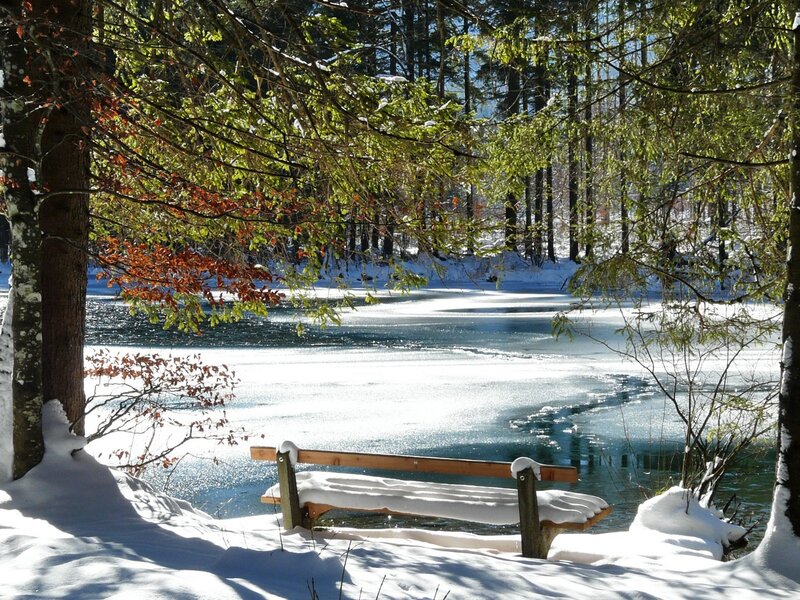 Snowy bench by frozen lake