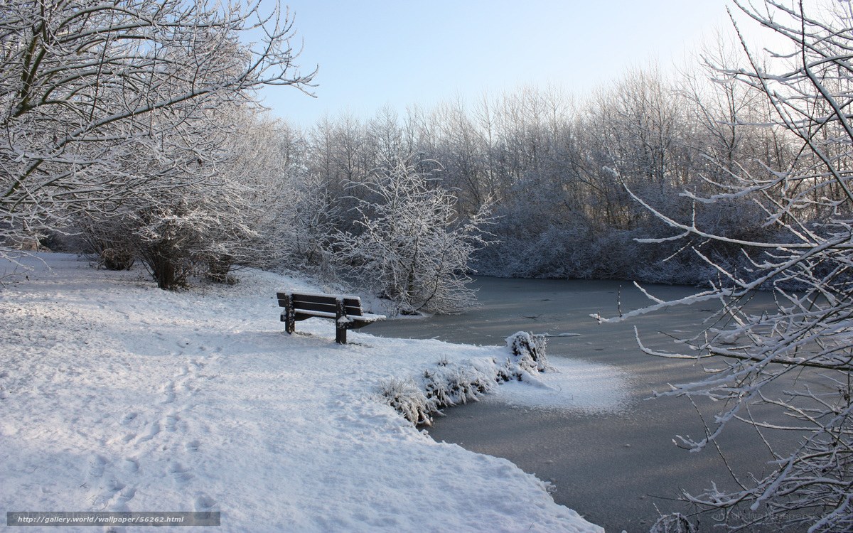 Snowy bench by frozen pond