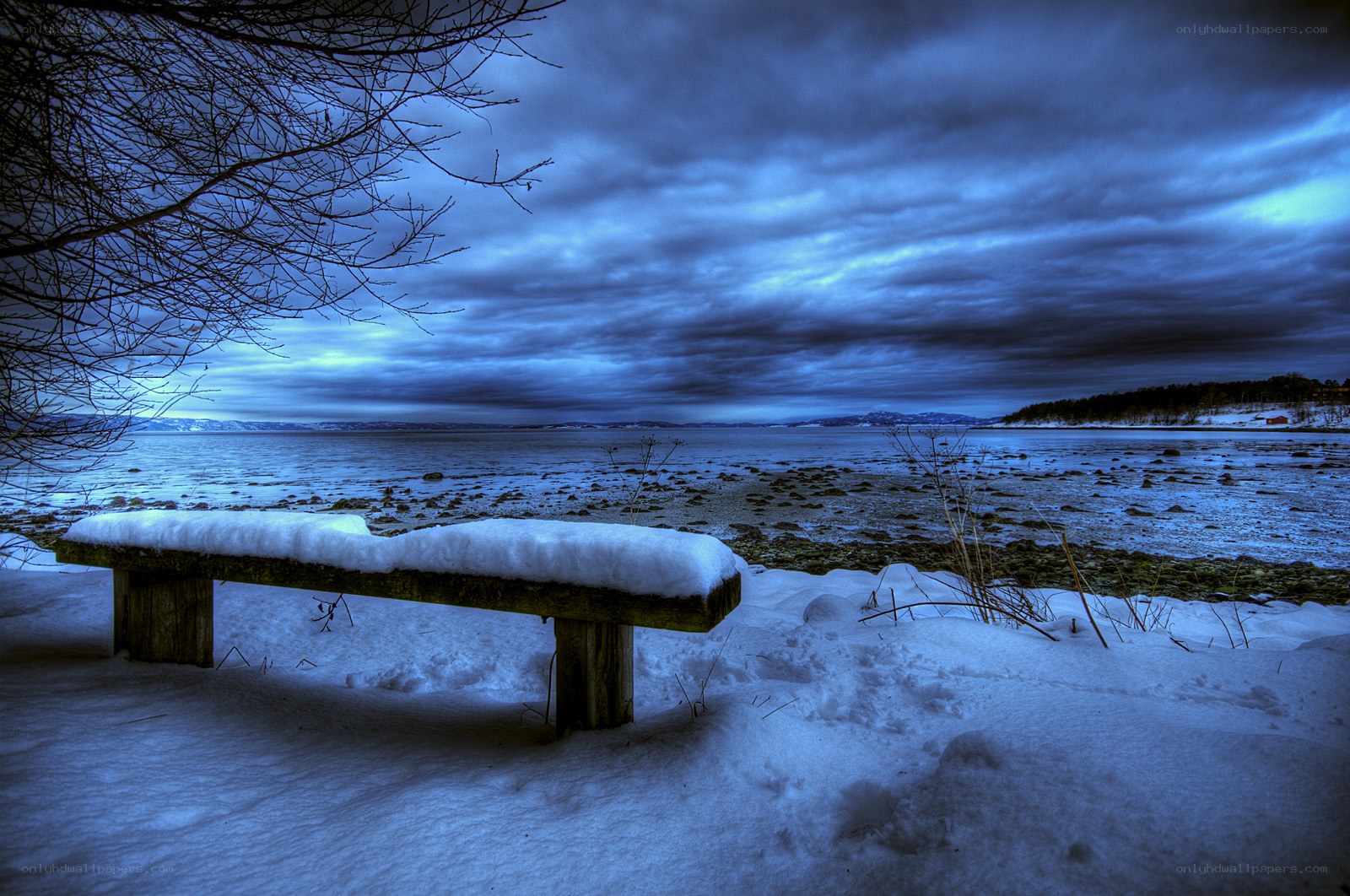Snowy bench by the water