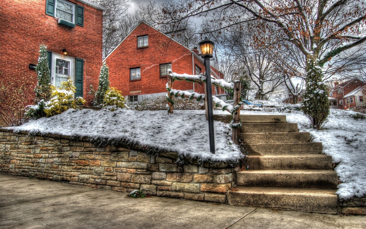 Snowy brick houses in winter