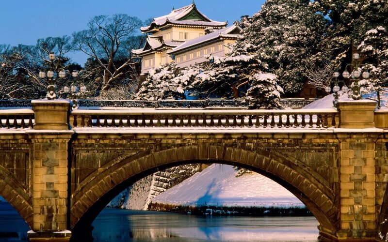 Snowy bridge and castle in winter