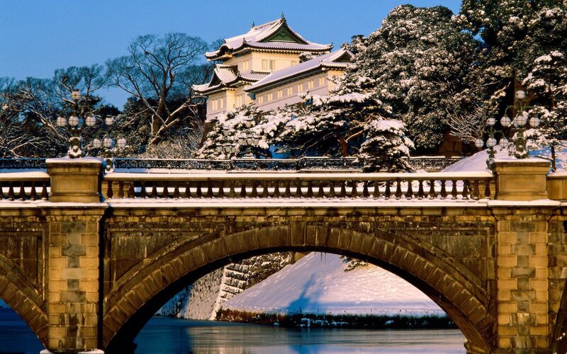 Snowy bridge and castle