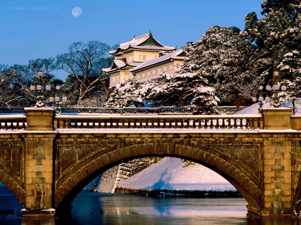Snowy bridge and palace at night