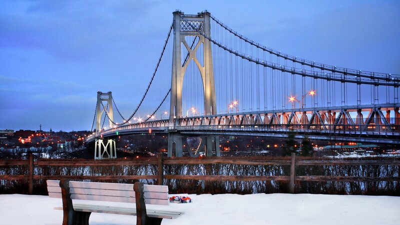 snowy bridge at dusk