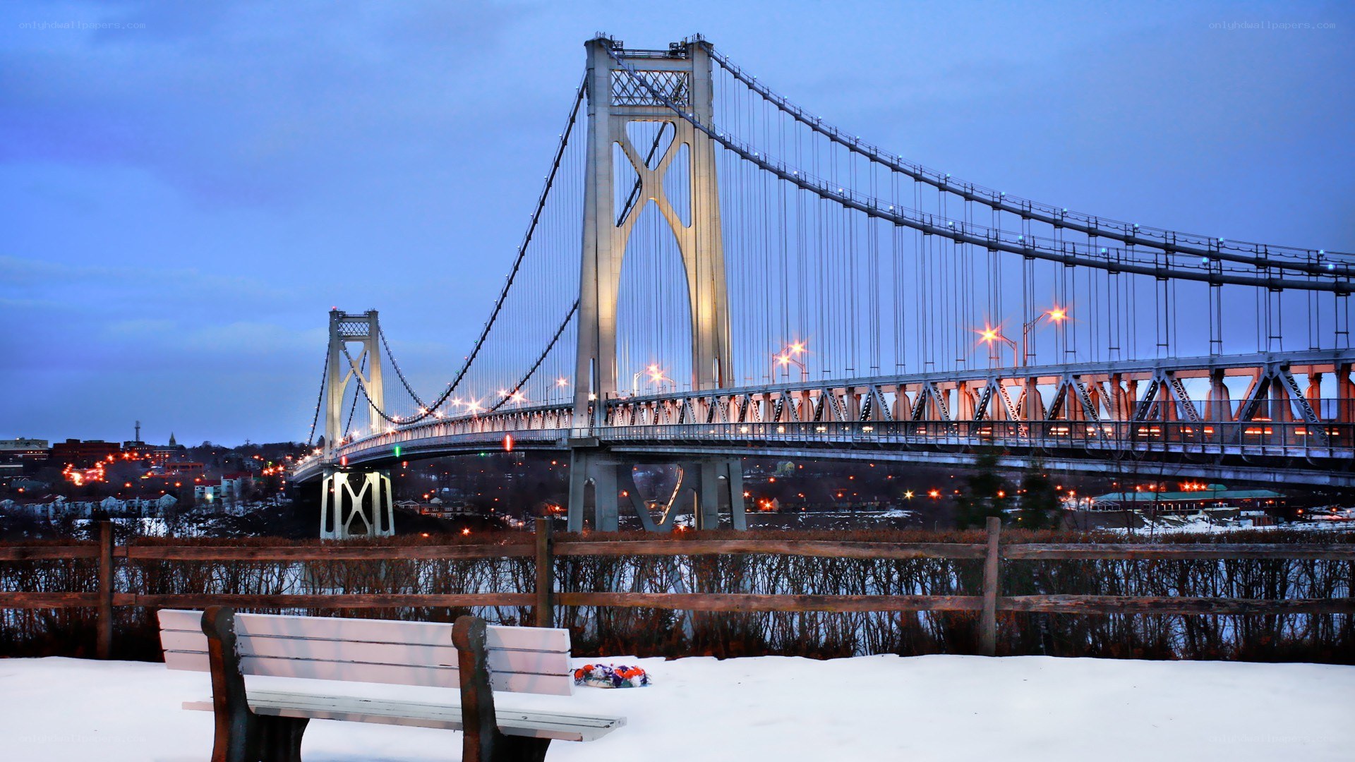 snowy bridge at dusk