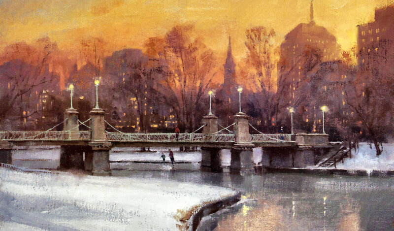 Snowy Bridge at Dusk — Orange