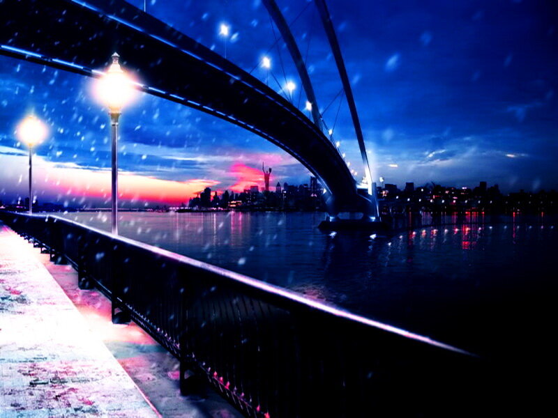 Snowy Bridge at Night — Blue