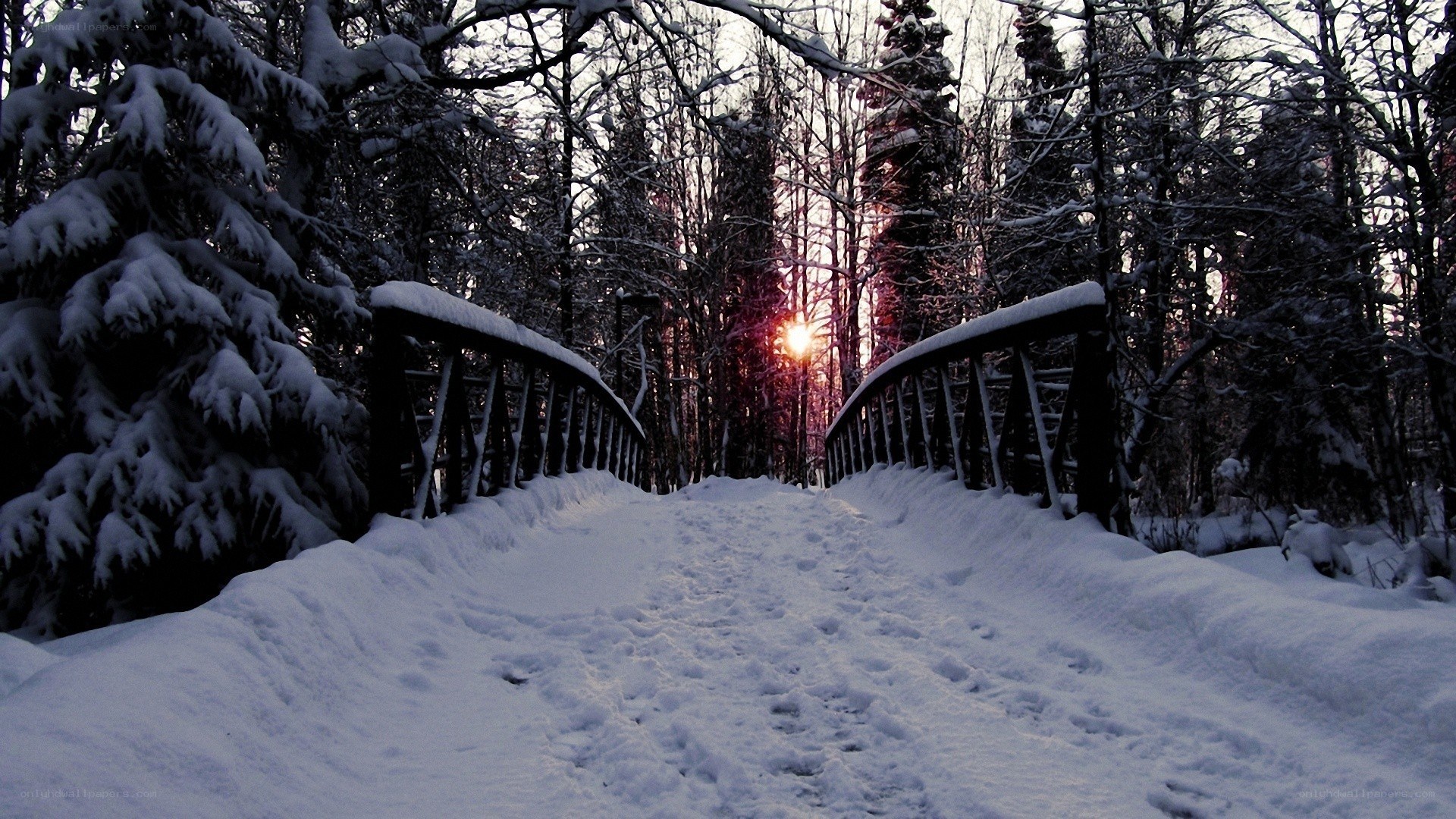 Snowy bridge at sunset