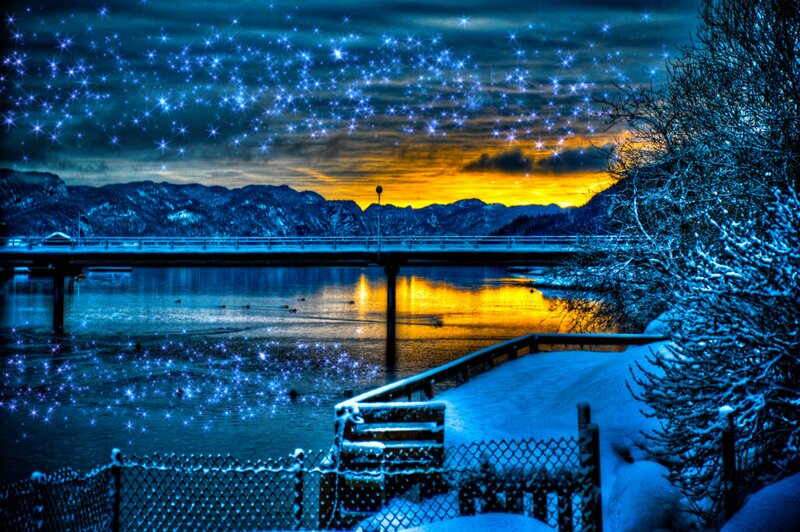 Snowy Bridge at Sunset — Blue