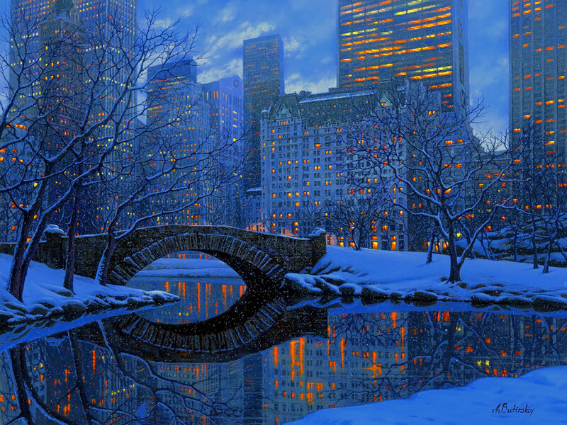 Snowy Bridge in Park