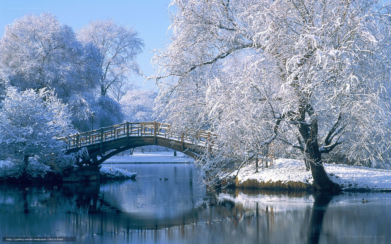 Snowy bridge over calm river