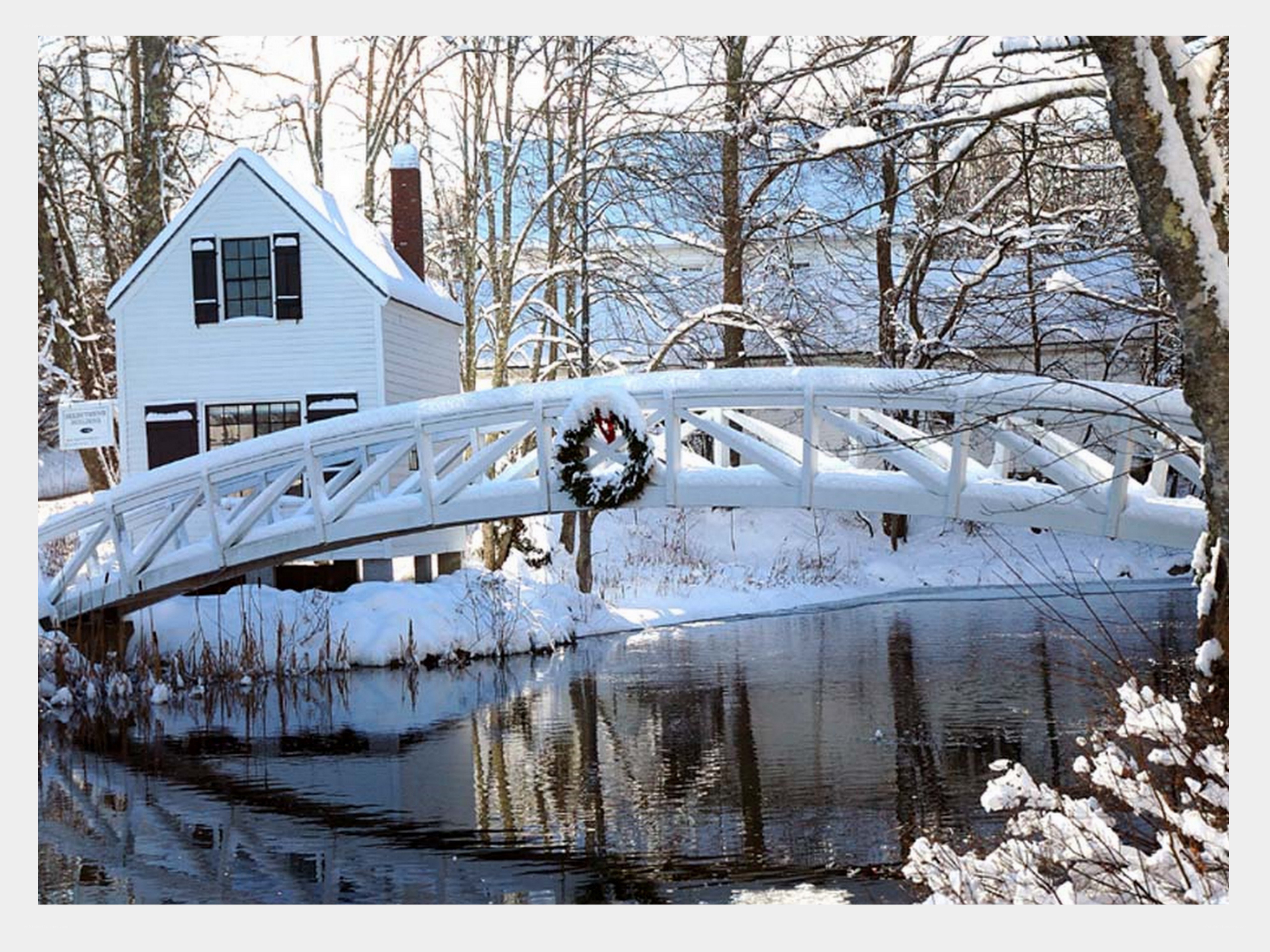 Snowy bridge over river