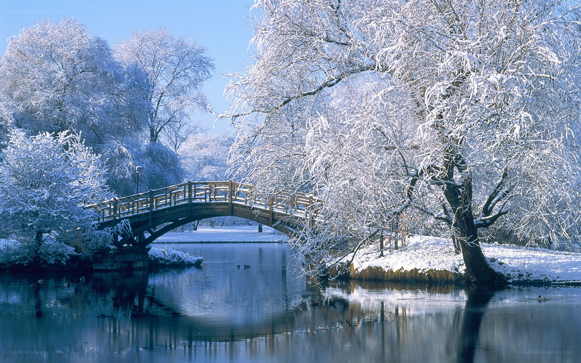 Snowy bridge over river