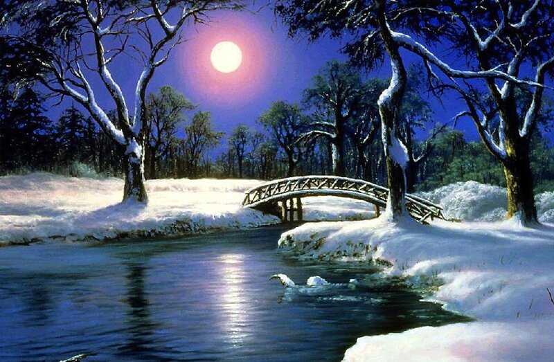 Snowy Bridge over River — Blue