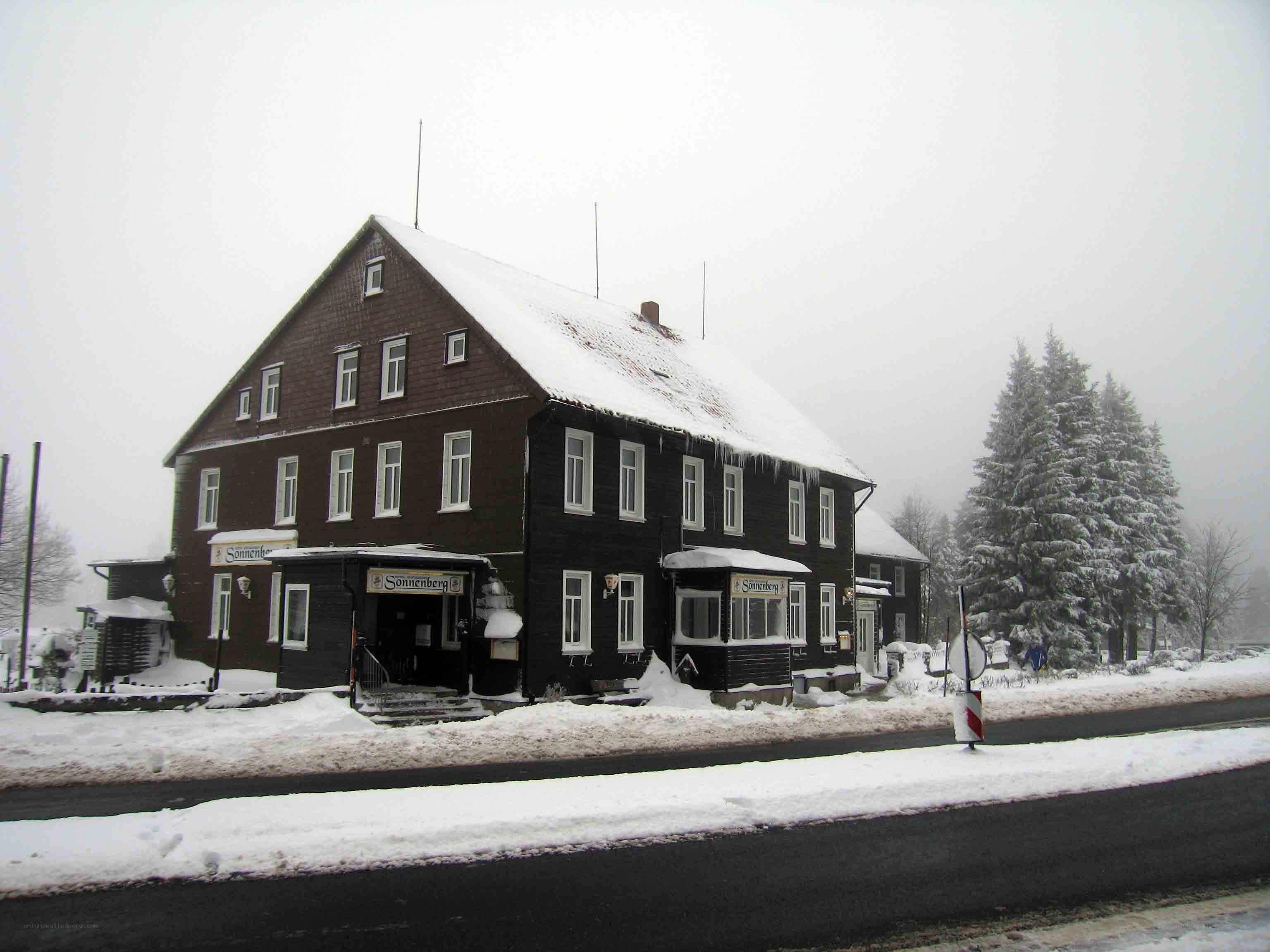 Snowy building in winter