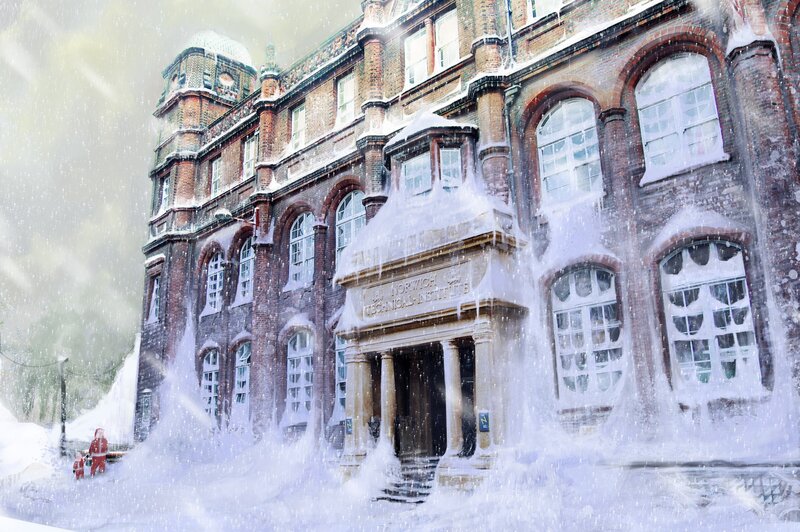 Snowy building with Santa