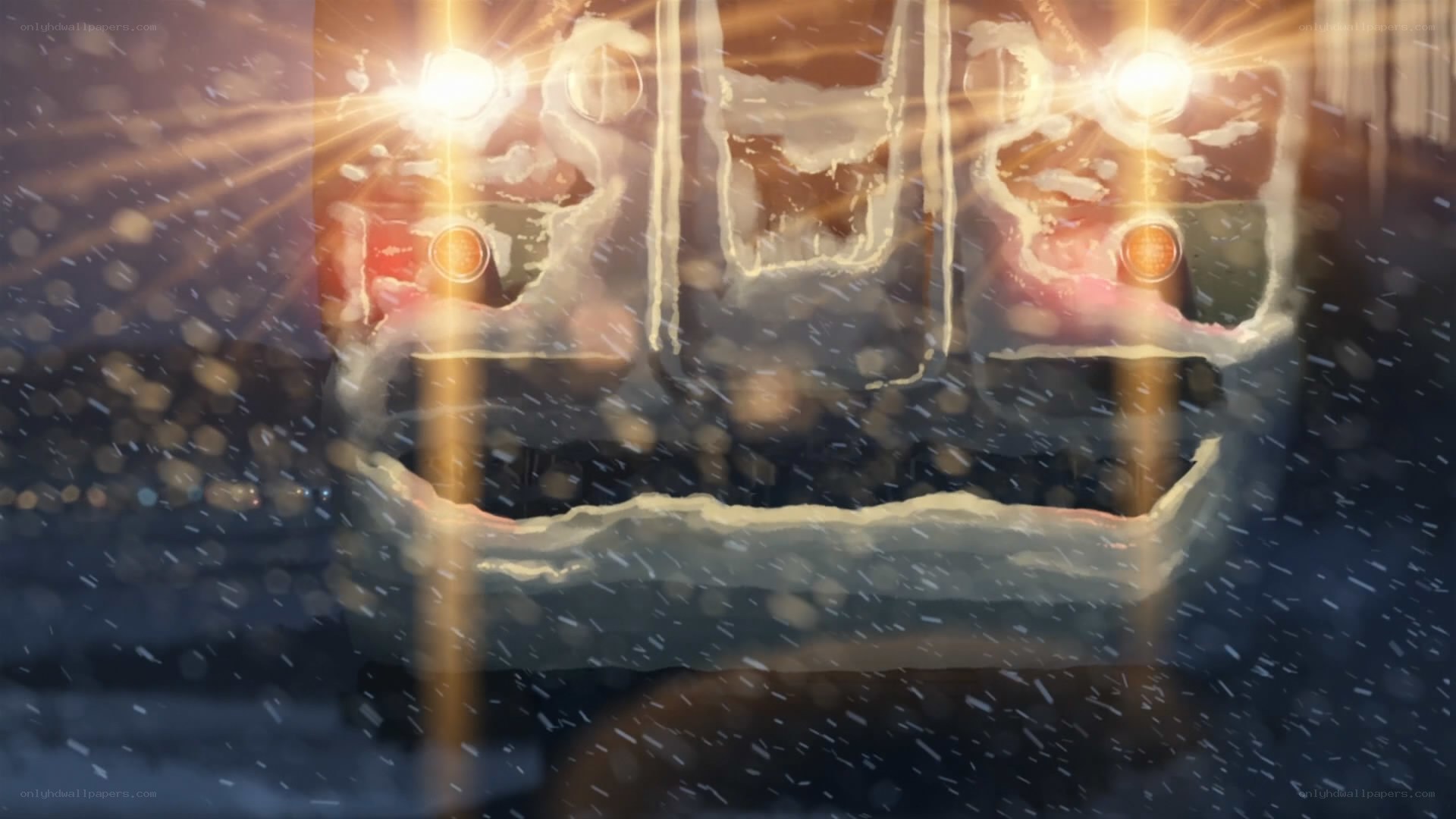 snowy bus headlights