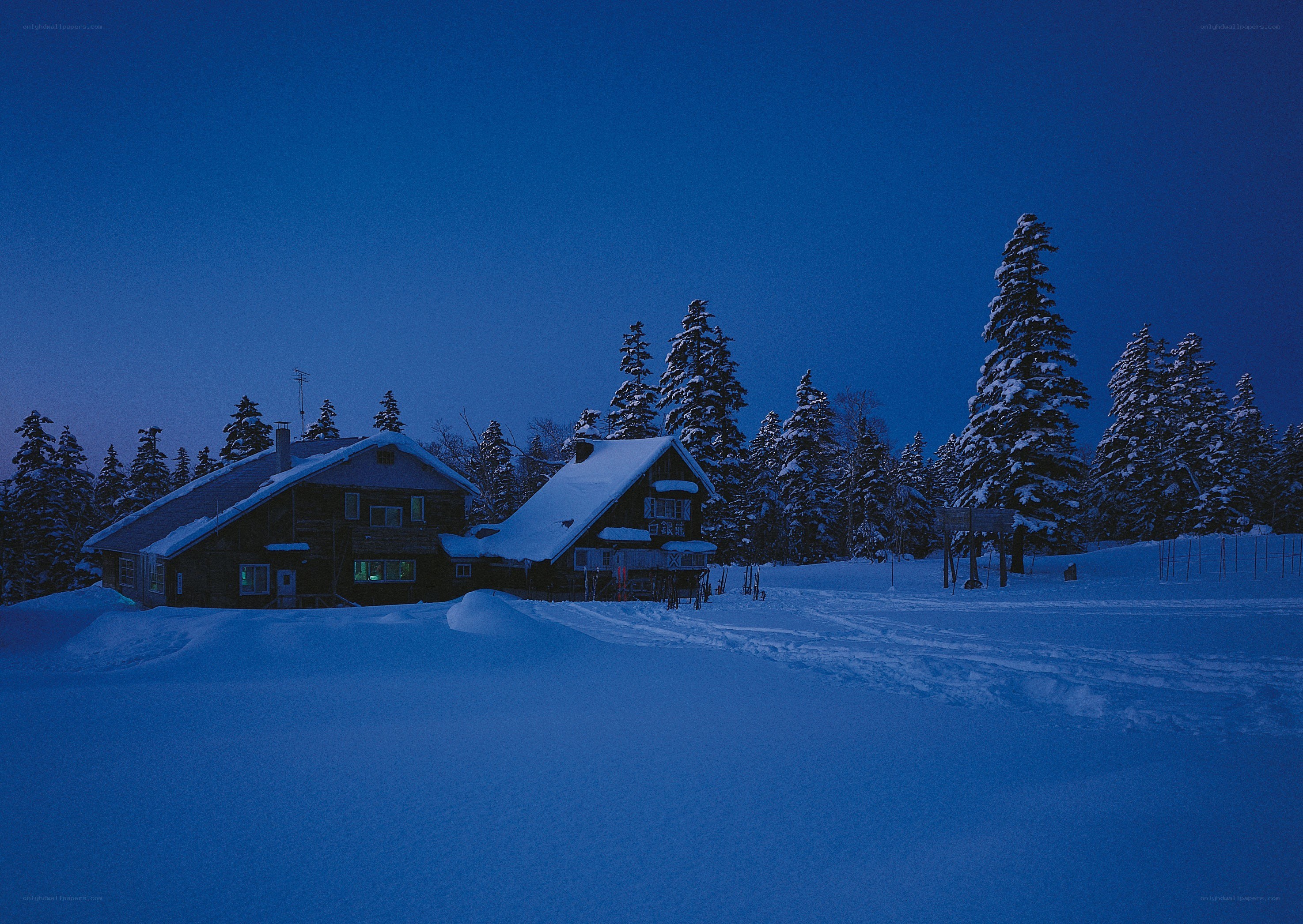 Snowy cabin at dusk