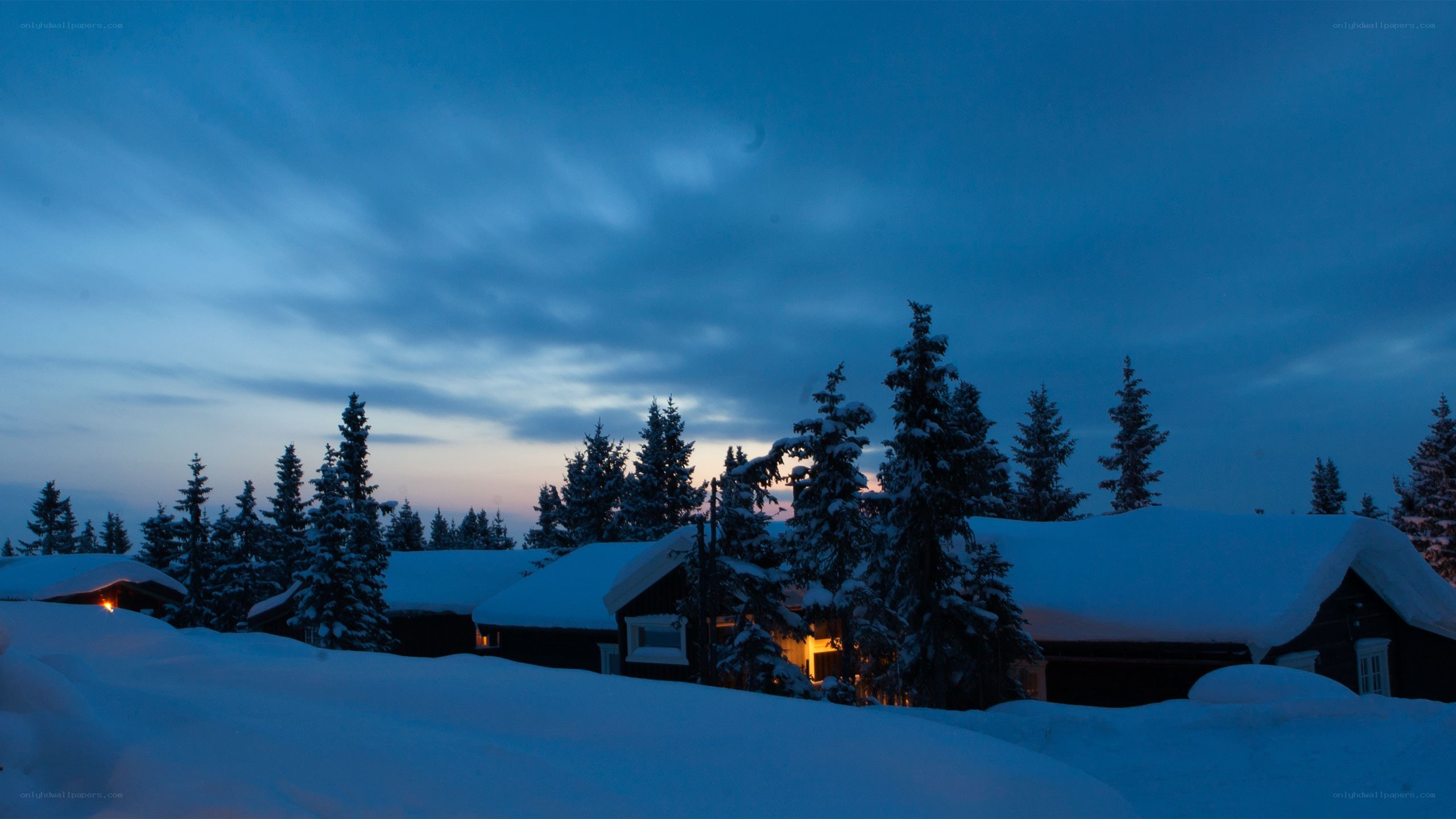 Snowy cabin at dusk