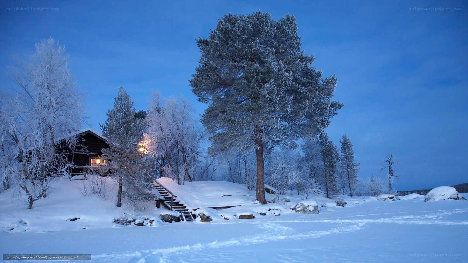 Snowy cabin at dusk
