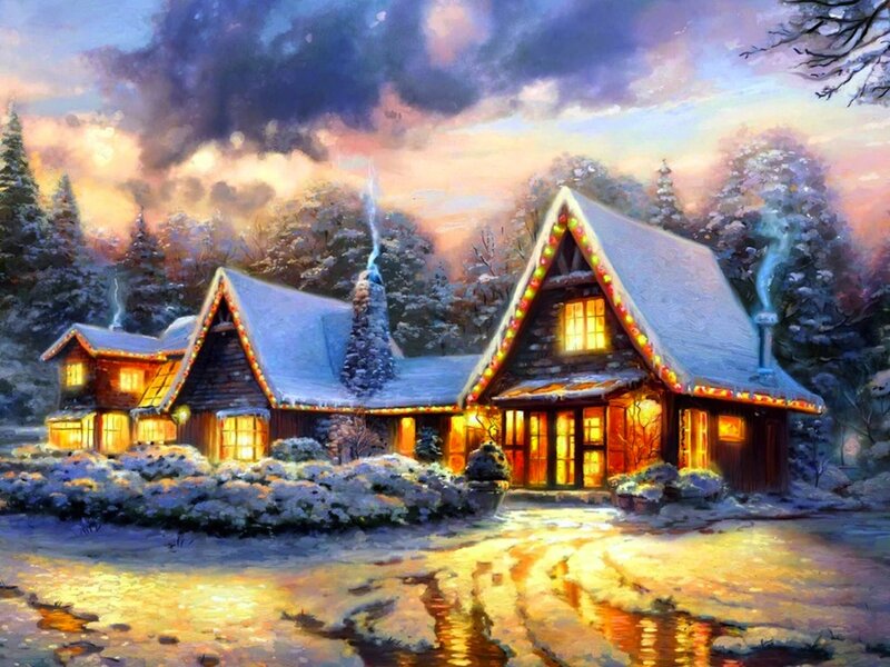 Snowy Cabin at Dusk — Blue