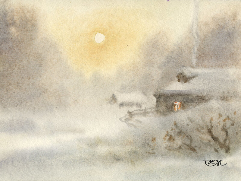 Snowy Cabin at Dusk — White