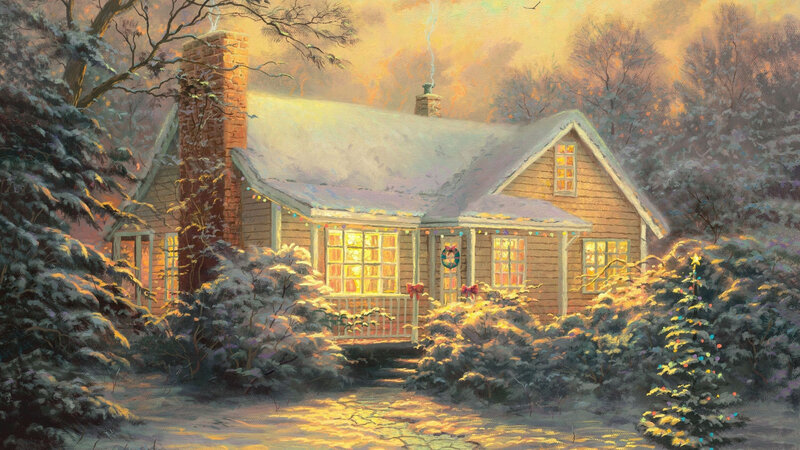 Snowy Cabin at Dusk — Yellow, Cozy