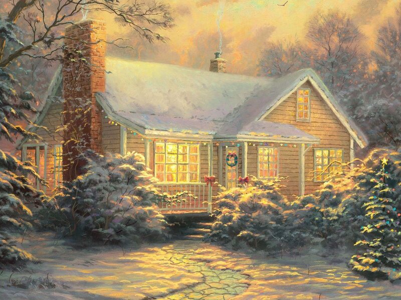 Snowy Cabin at Dusk — Yellow