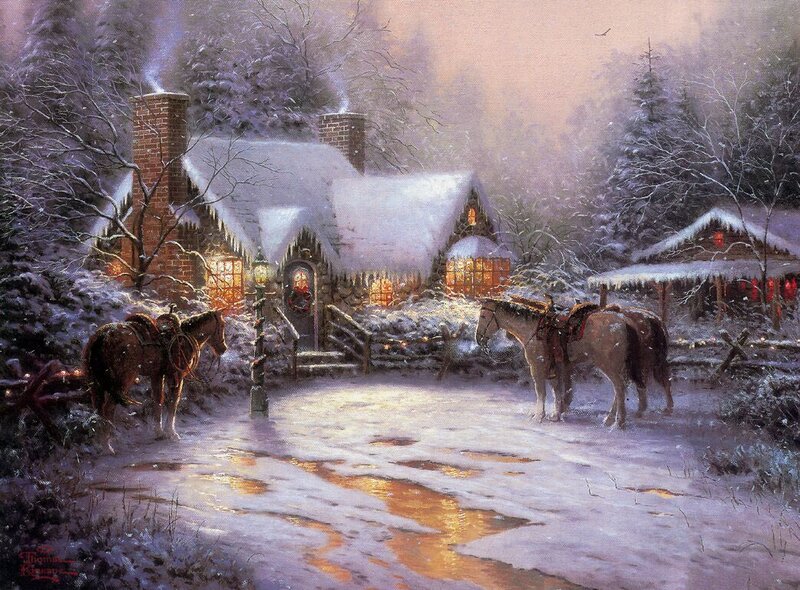 Snowy Cabin at Night
