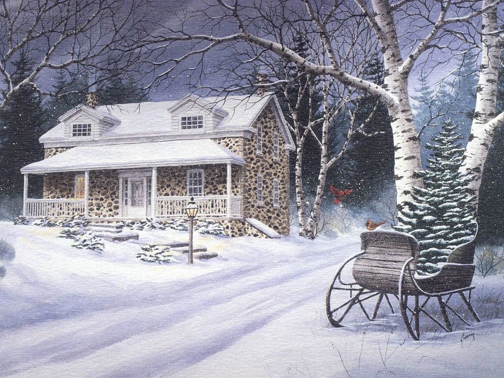 Snowy cabin at night